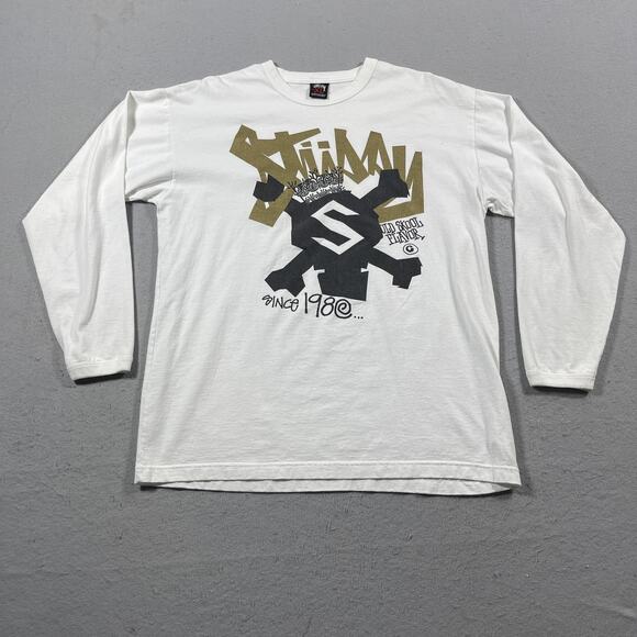 Vintage Stussy Shirt Mens XL White Long Sleeve‎ Old Skool Flavor Graphic 90s - Picture 1 of 8